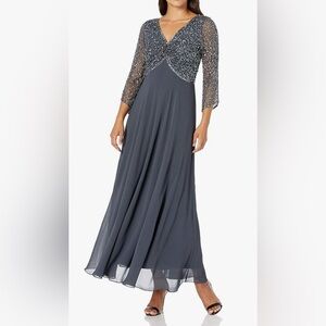 J Kara Women's Plus Size 3/4 Sleeve V-Neck Beaded Top Long Gown Sz8